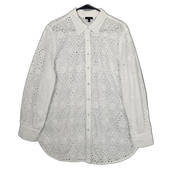 Talbots Eyelet Lace XL Button Up Cotton Top Collared Shirt Tunic 100% Cotton - Picture 1 of 8